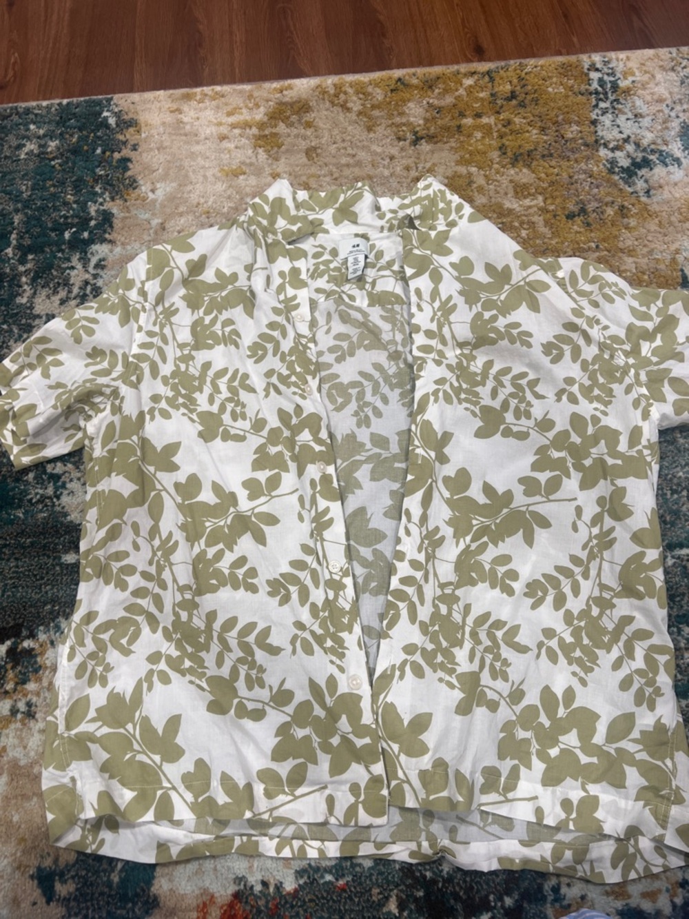 H&M White Shirt with Olive Green Leaf Print